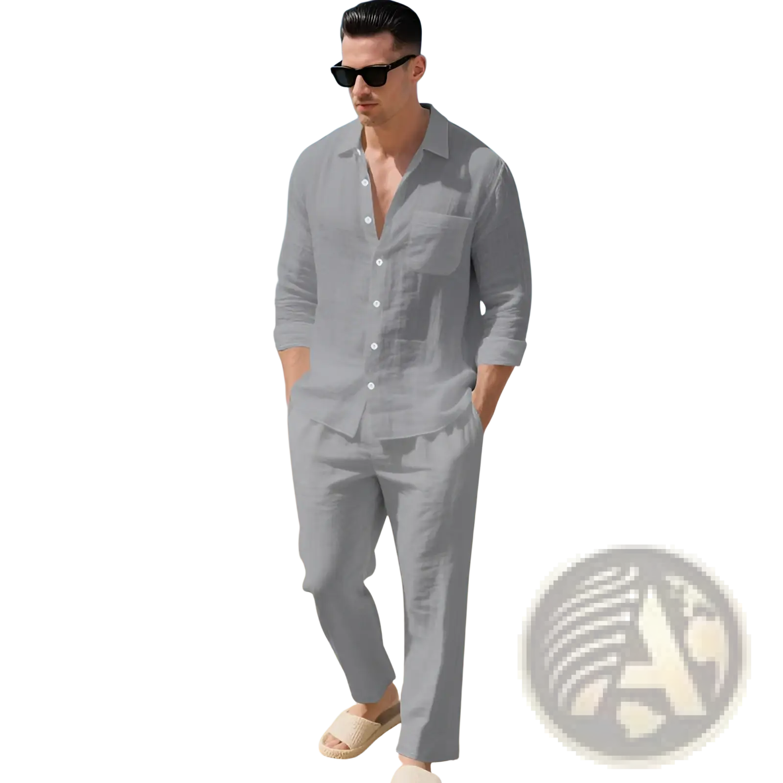 Men linen long sleeve shirt pants set featuring a light gray linen button-down shirt with chest pocket and rolled sleeves