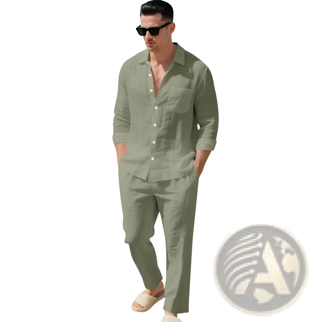 A man wearing a sage green men linen long sleeve shirt pants set made of breathable linen fabric