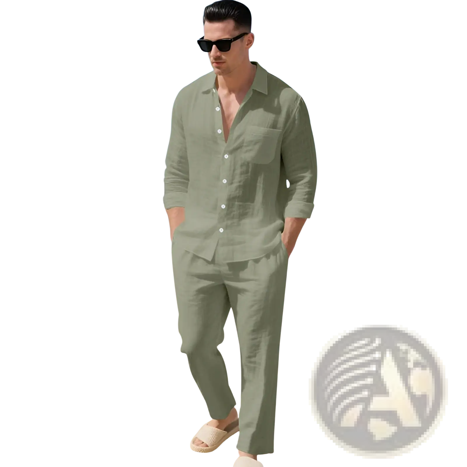 A man wearing a sage green men linen long sleeve shirt pants set made of breathable linen fabric