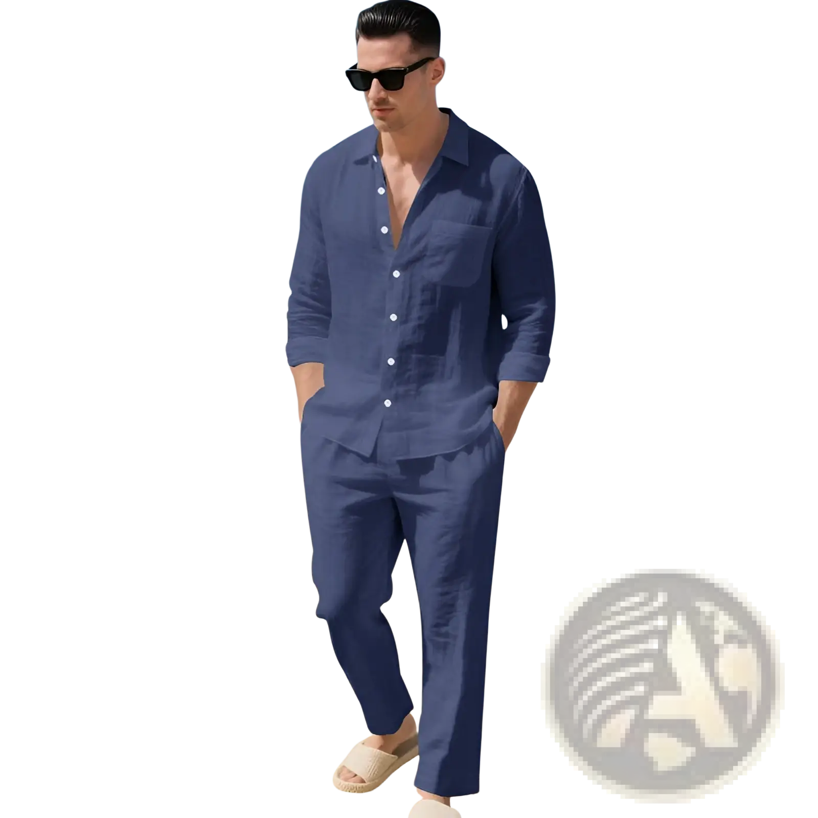 Men linen long sleeve shirt pants set in navy blue featuring breathable linen fabric for comfortable casual wear