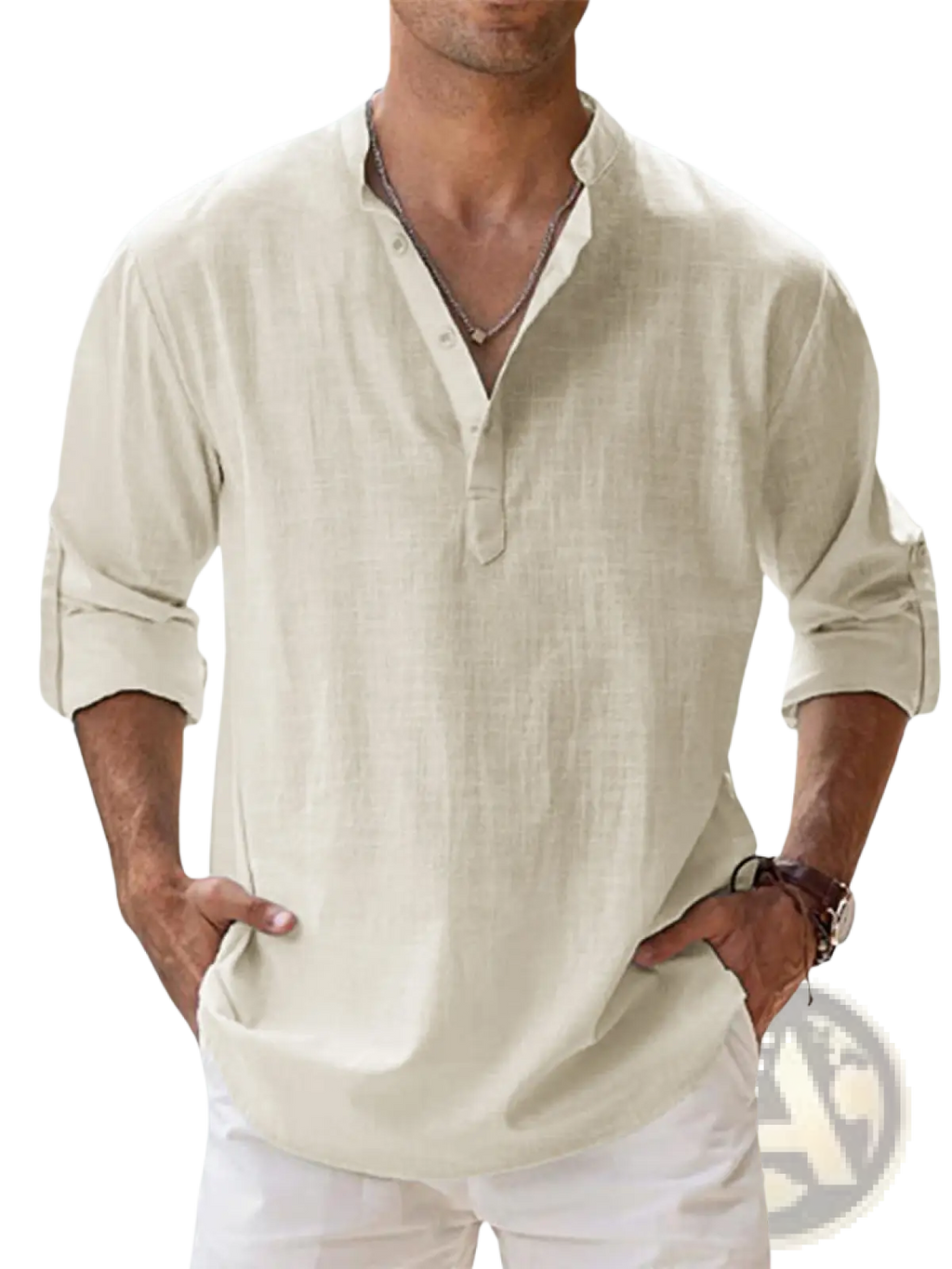 Men linen long sleeve stand collar shirt in beige with rolled sleeves and subtle textured weave made of linen fabric