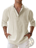 Men linen long sleeve stand collar shirt in beige with rolled sleeves and subtle textured weave made of linen fabric