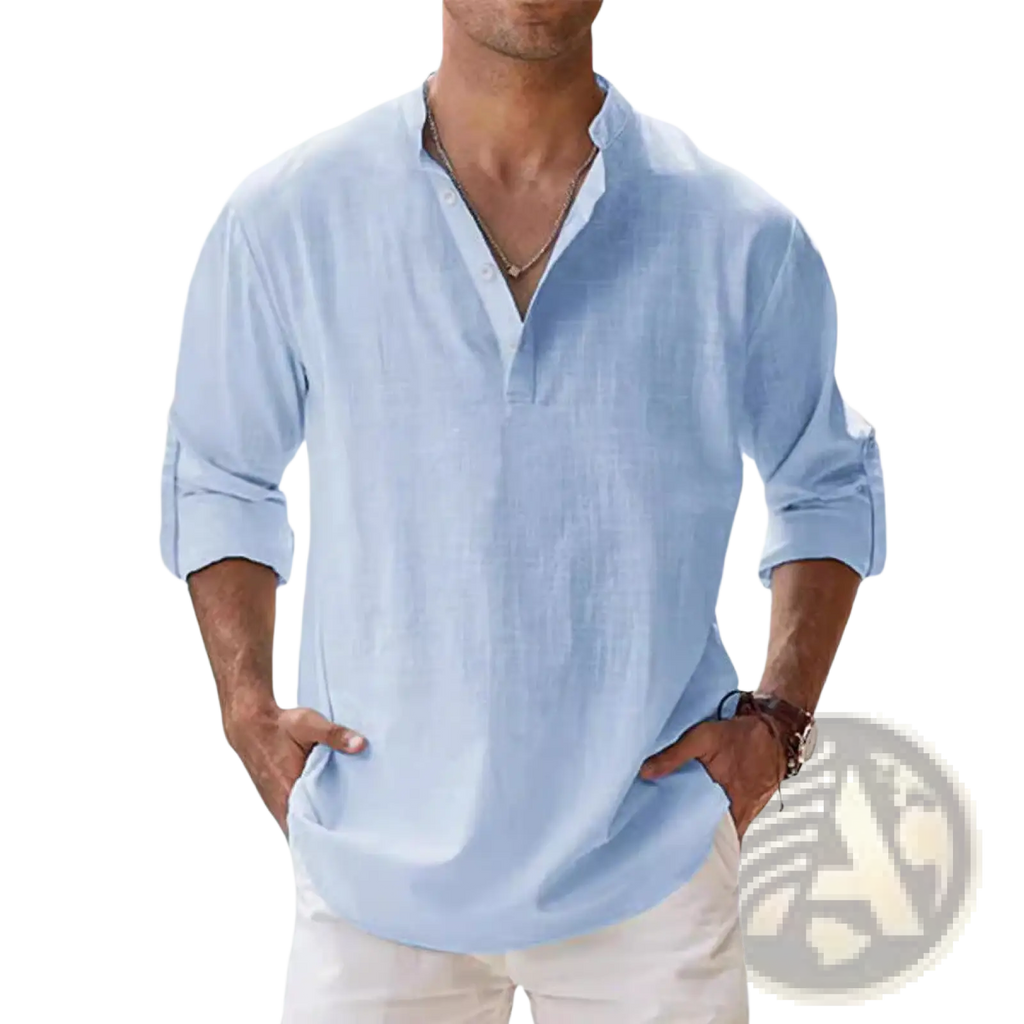 Men linen long sleeve stand collar shirt in light blue breathable linen with relaxed fit and rolled-up sleeves
