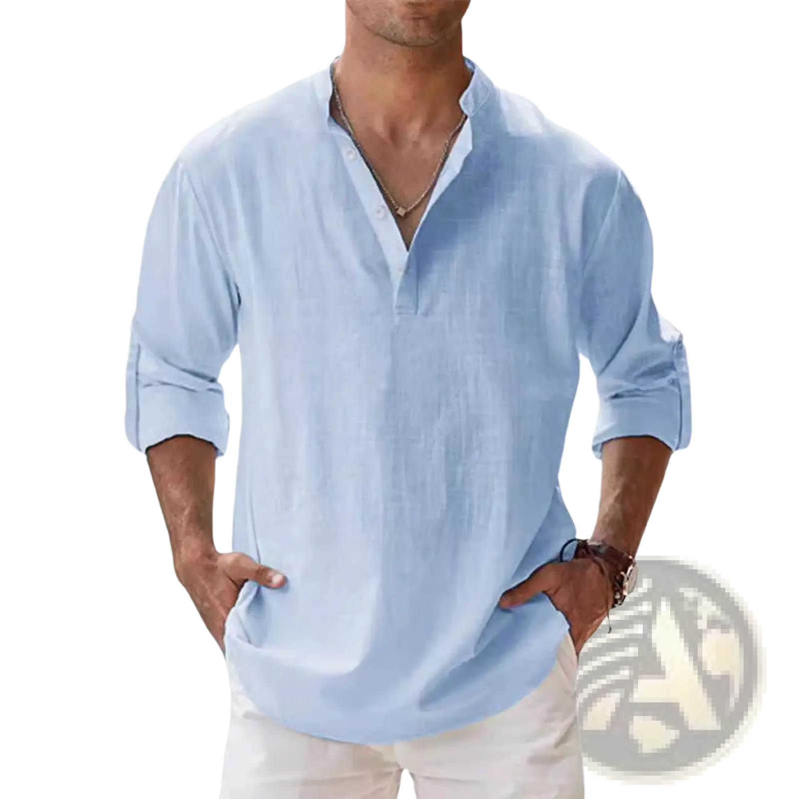 Men linen long sleeve stand collar shirt in light blue breathable linen with relaxed fit and rolled-up sleeves