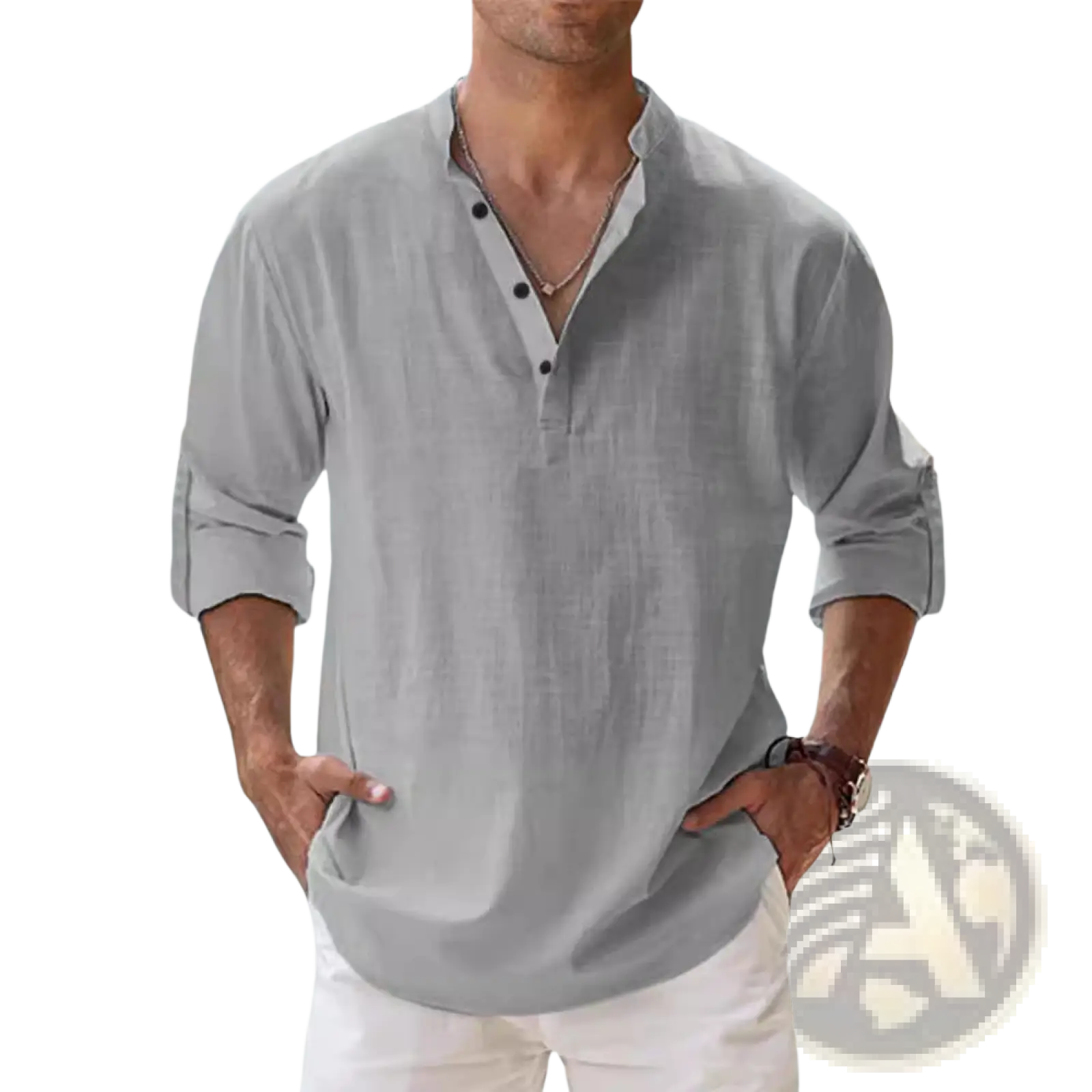 Men linen long sleeve stand collar shirt in light gray with buttoned collar and rolled cuffs made of breathable linen