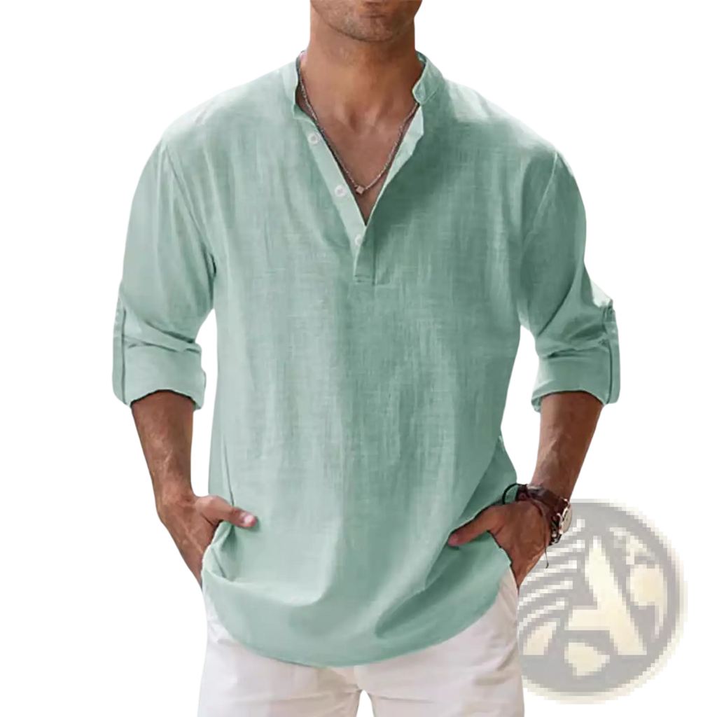 Men linen long sleeve stand collar shirt in light green breathable linen with rolled sleeves and subtle textured weave