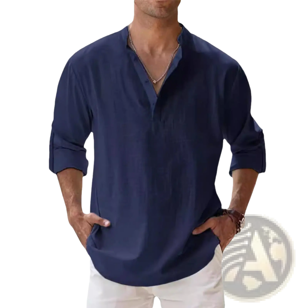 Men linen long sleeve stand collar shirt in navy blue with rolled-up sleeves and a v-neck collar
