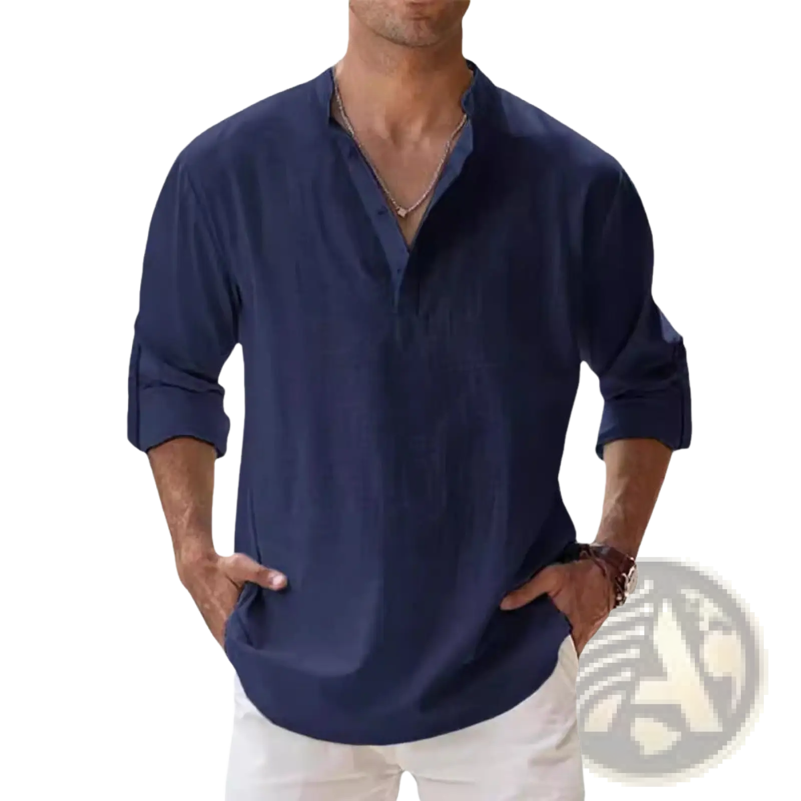 Men linen long sleeve stand collar shirt in navy blue with rolled-up sleeves and a v-neck collar