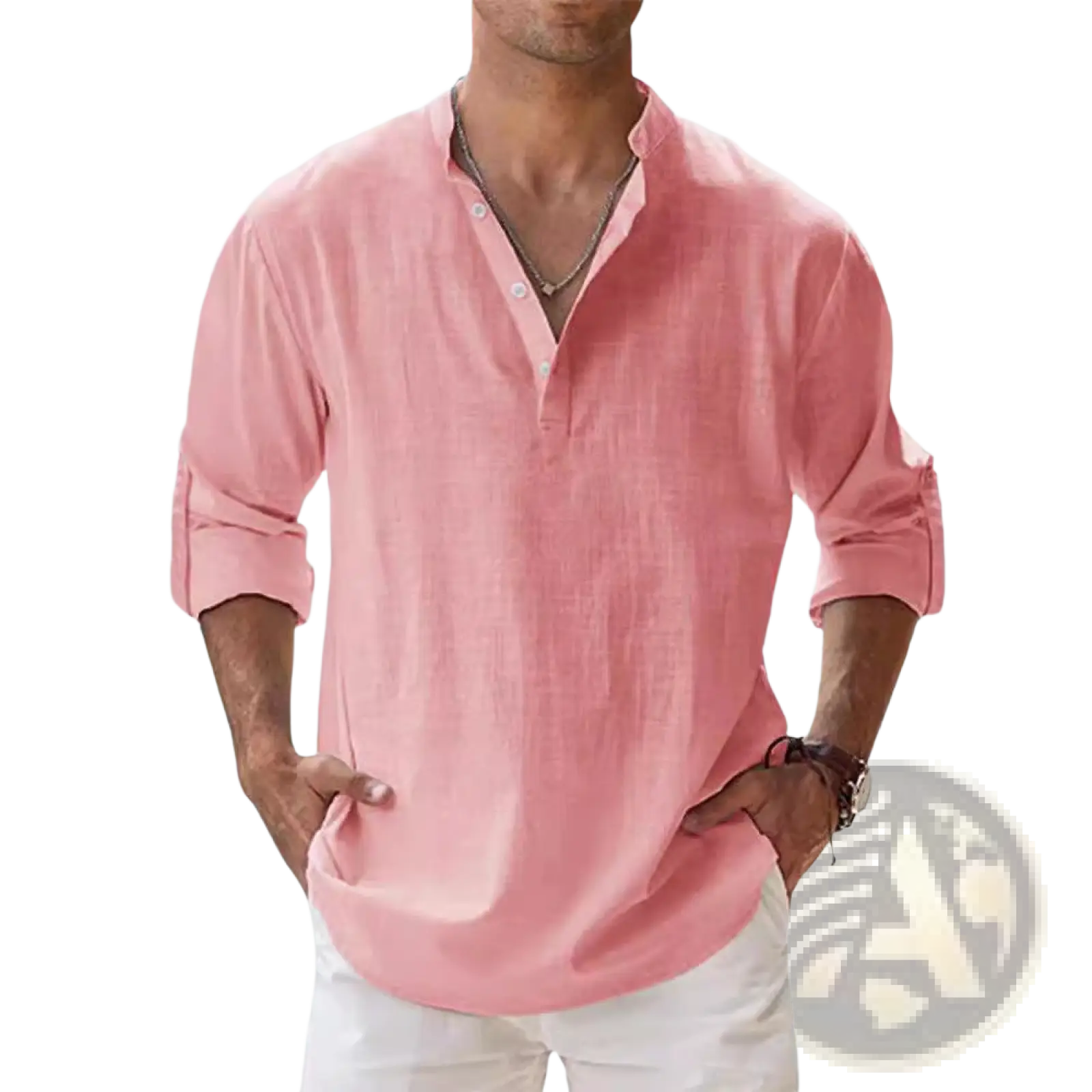 Men linen long sleeve stand collar shirt in soft pink with button-down collar and rolled cuffs made of linen fabric