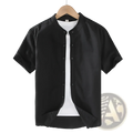 Black linen men short sleeve shirt with mandarin collar hanging on wooden hanger