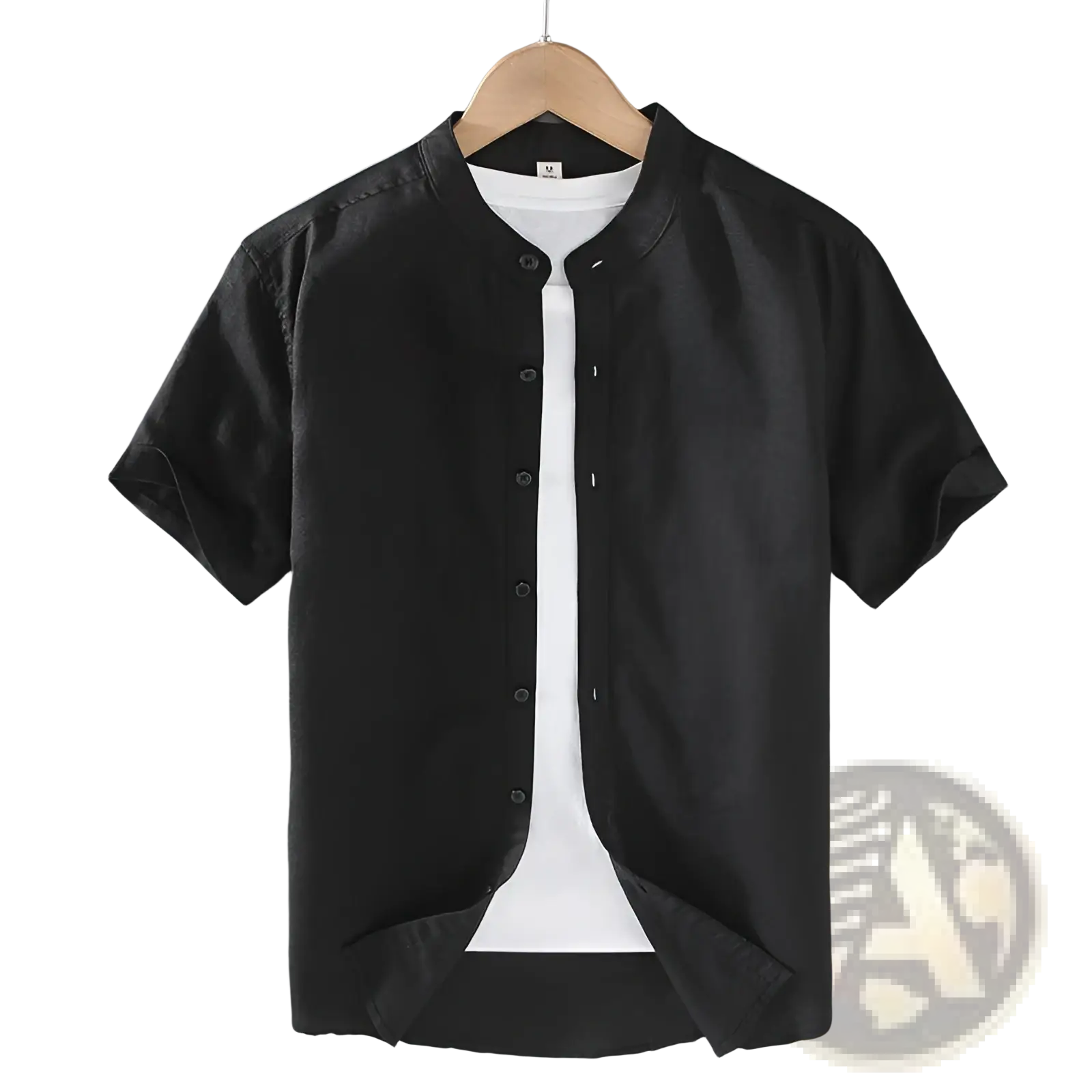 Black linen men short sleeve shirt with mandarin collar hanging on wooden hanger