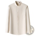 Men linen mandarin collar slim shirt in cream with long sleeves button-up front and single chest pocket