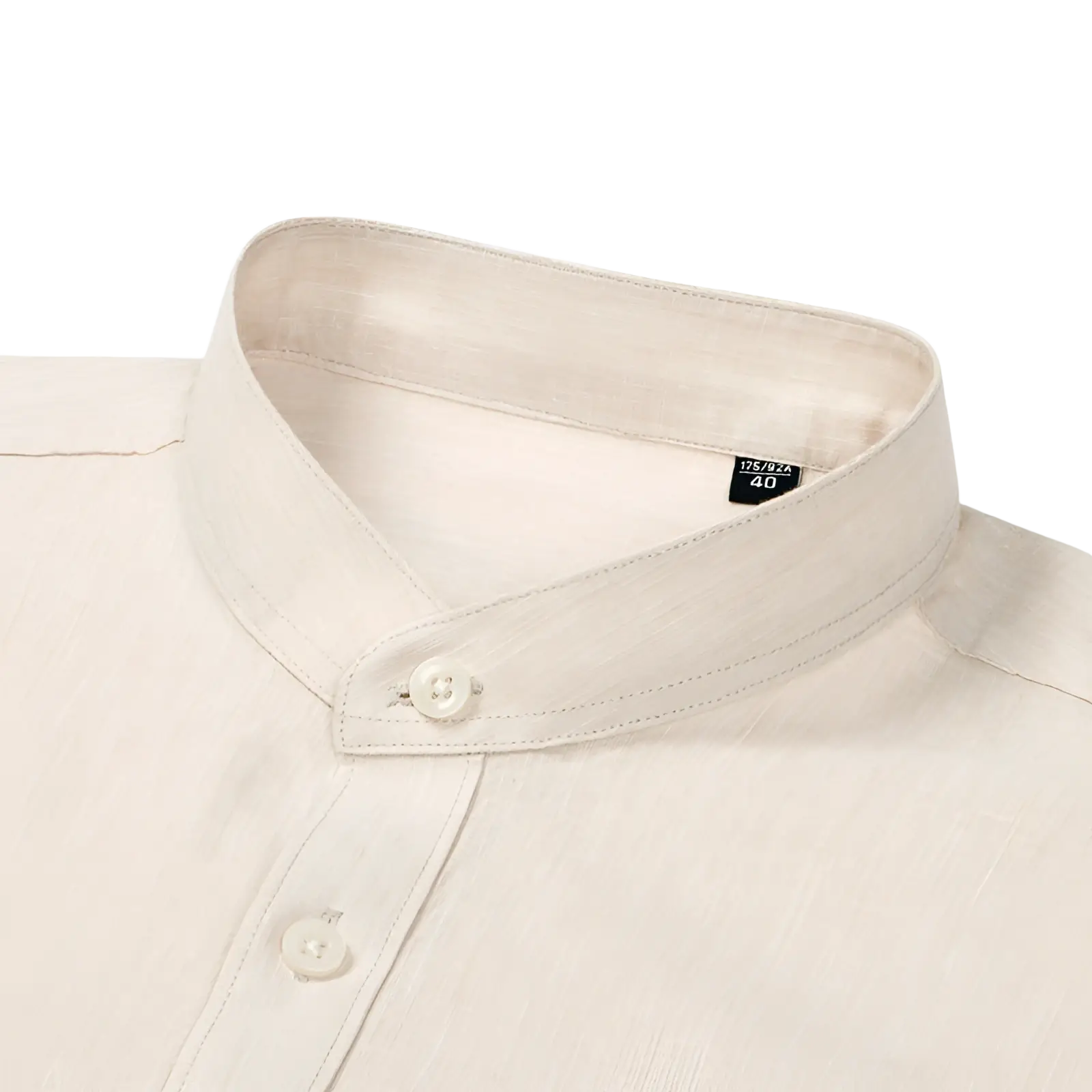 Men linen mandarin collar slim shirt in beige with crisp collar and subtle linen texture button-down style