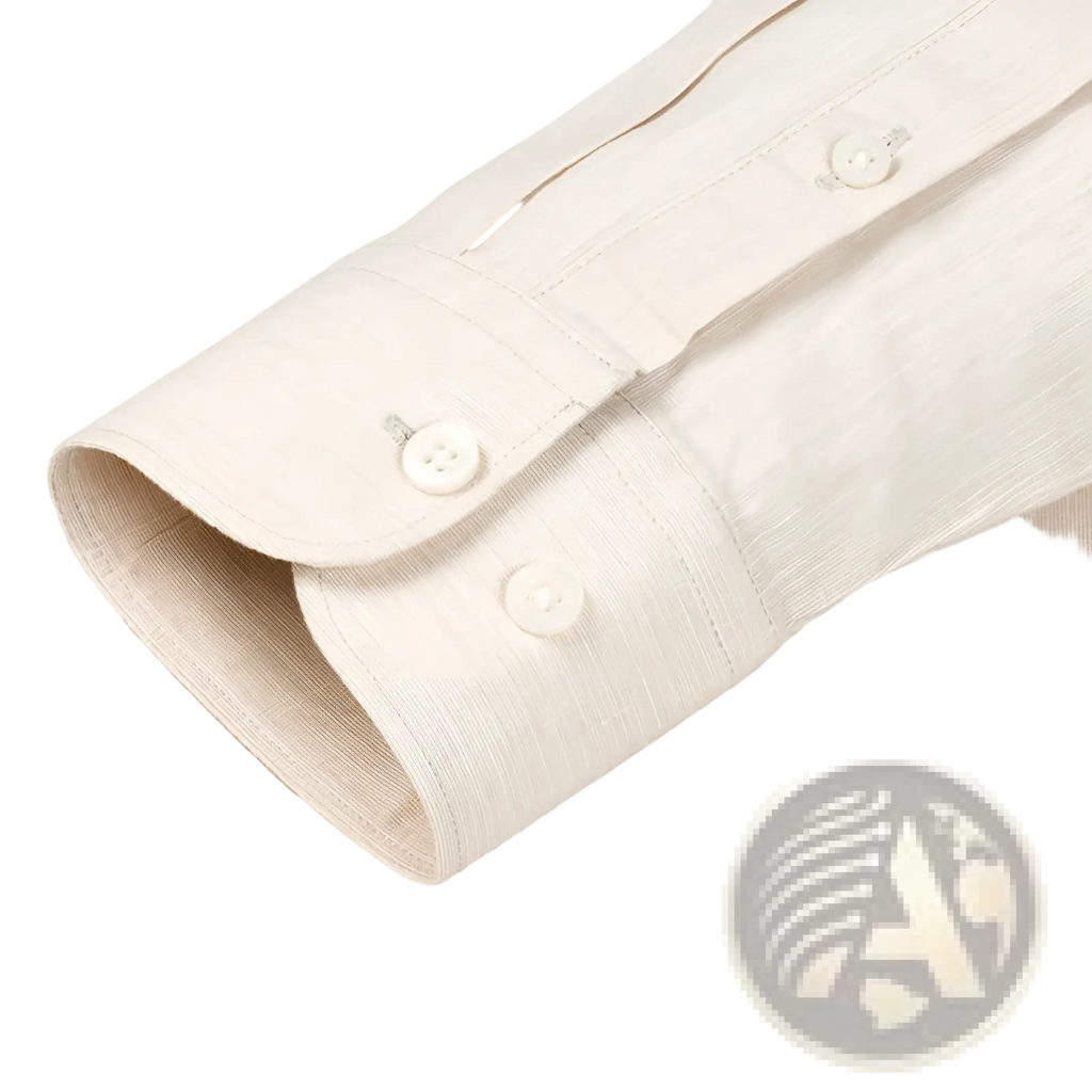Beige linen men mandarin collar slim shirt cuff with three white buttons and subtle textured weave detail