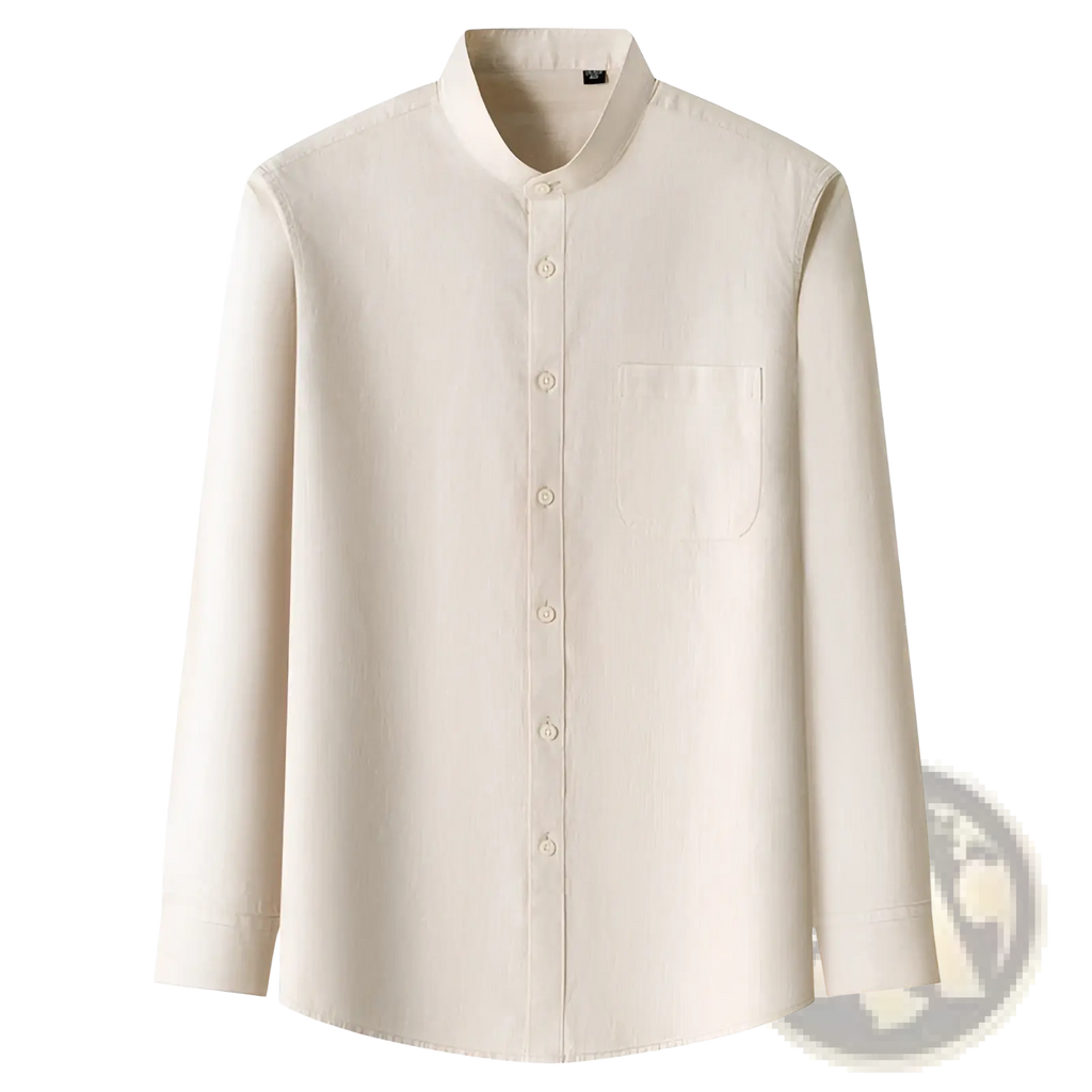 Cream-colored men linen mandarin collar slim shirt with long sleeves button-up front and single chest pocket