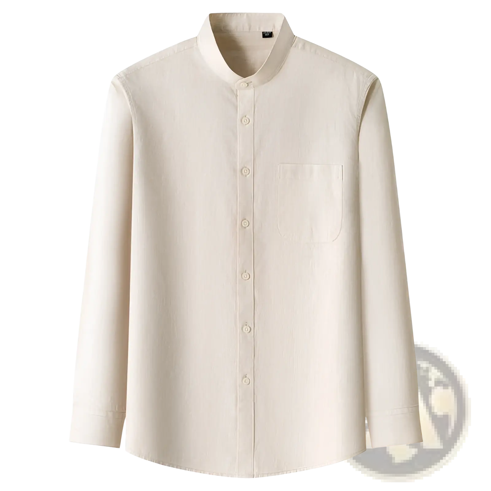 Cream-colored men linen mandarin collar slim shirt with long sleeves button-up front and single chest pocket