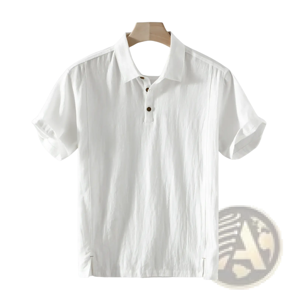 Men linen shirt casual breathable summer top in white with textured fabric and dark brown buttons on short sleeves