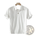 Men linen shirt casual breathable summer top in white with textured fabric and dark brown buttons on short sleeves