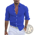 Men linen shirt summer casual long sleeve button down in vibrant royal blue slim-fit cotton with rolled sleeves and white buttons