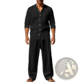 Men linen shirt and trousers set featuring a black linen button-up shirt with white buttons and rolled sleeves