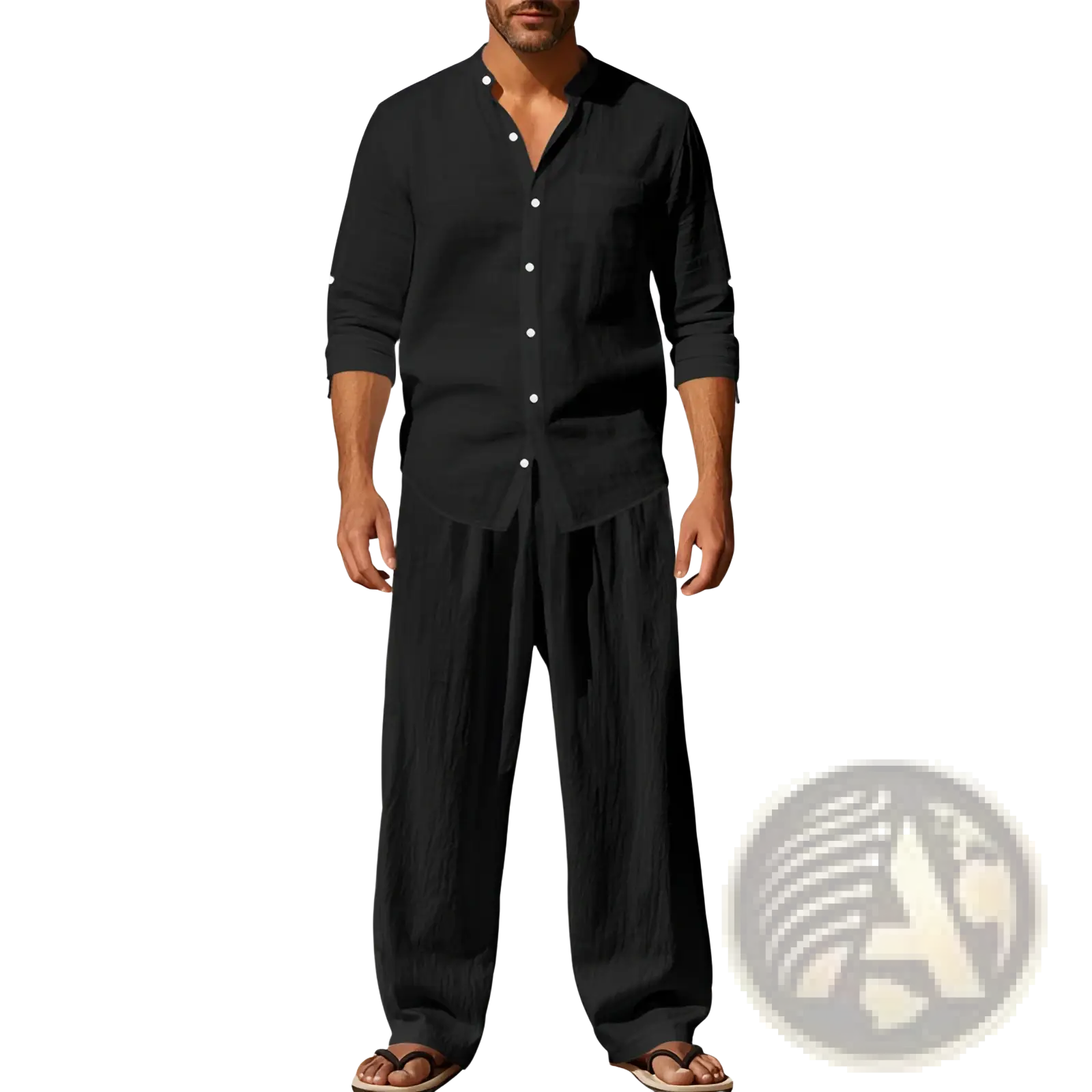 Men linen shirt and trousers set featuring a black linen button-up shirt with white buttons and rolled sleeves