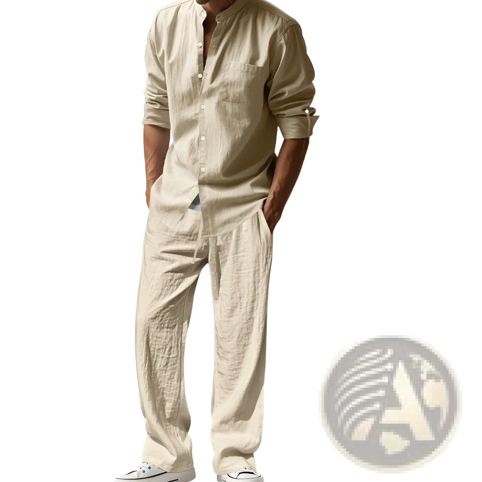 Men linen shirt and trousers set in beige linen with button-down shirt and rolled sleeves matching pants
