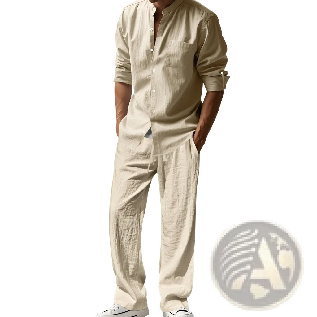 Men linen shirt and trousers set in beige featuring a button-up shirt with rolled sleeves and matching pants