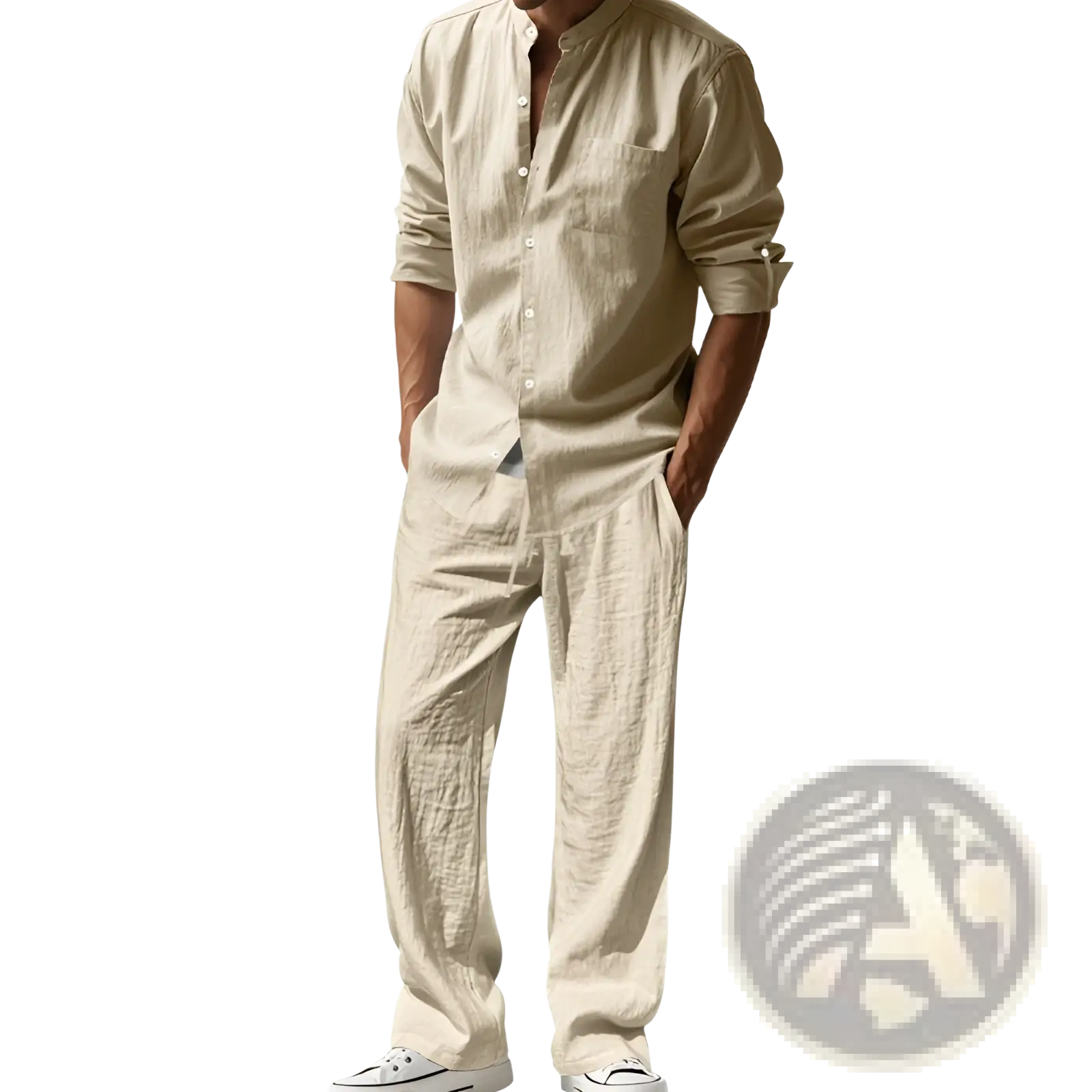 Men linen shirt and trousers set in beige featuring a button-up shirt with rolled sleeves and matching pants