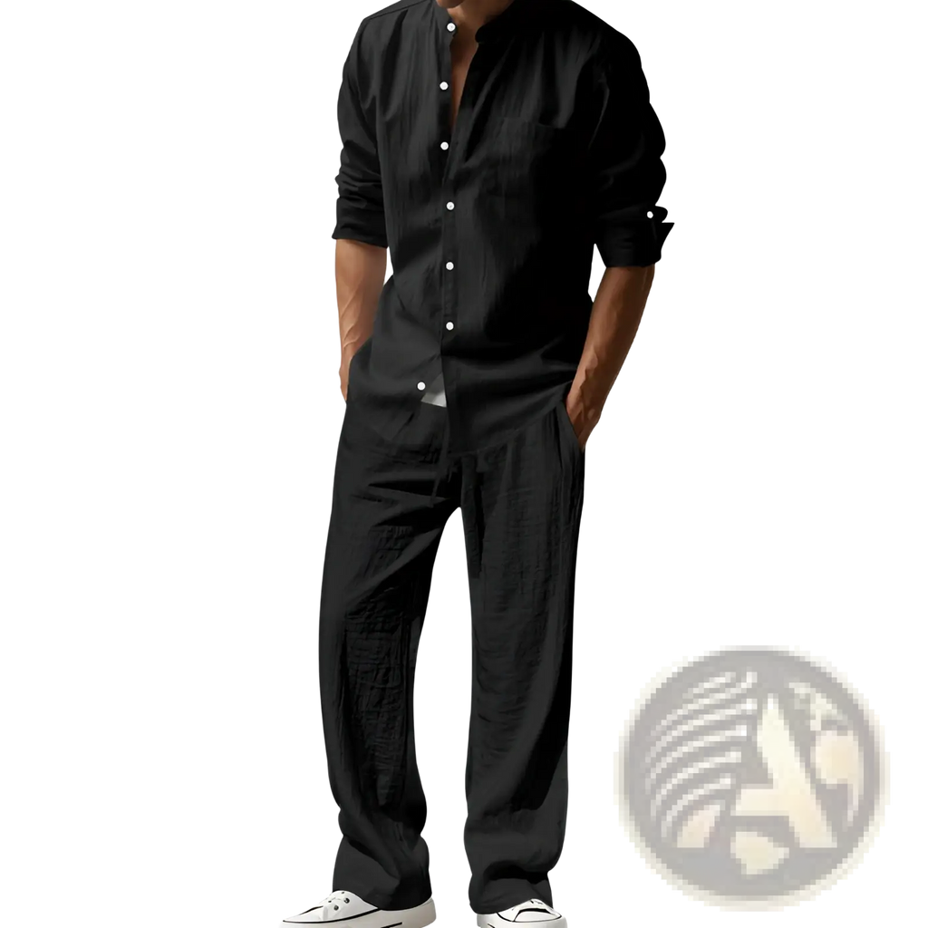 Black linen men shirt and trousers set featuring a button-down shirt with rolled-up sleeves and matching trousers