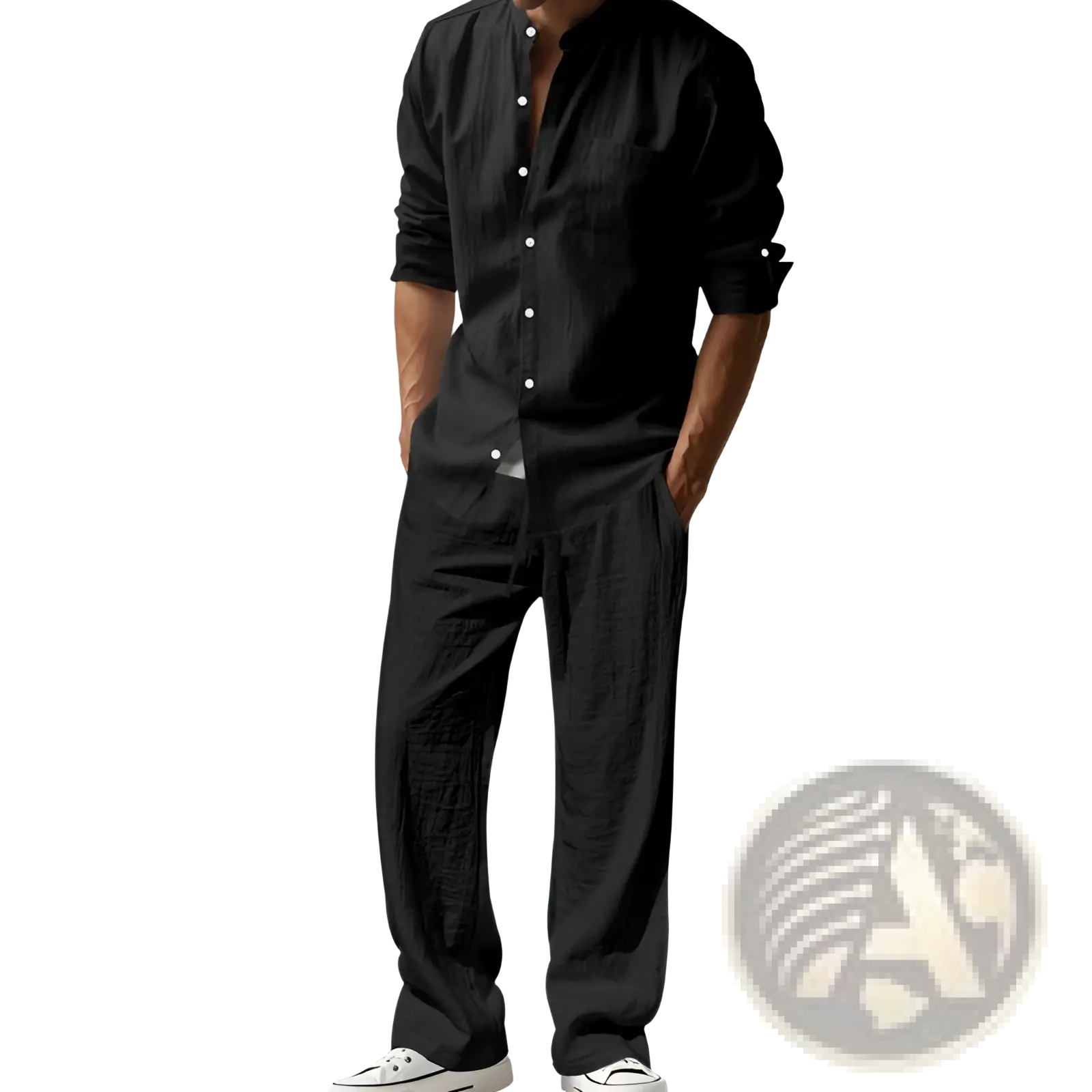 Black linen men shirt and trousers set featuring a button-down shirt with rolled-up sleeves and matching trousers