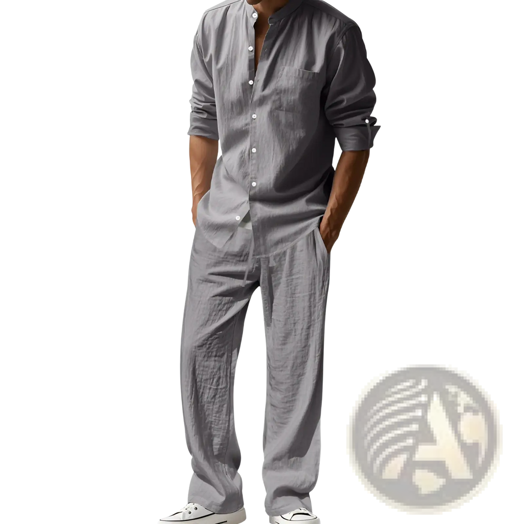 Men linen shirt and trousers set in gray featuring a button-down linen shirt and matching pants for casual wear