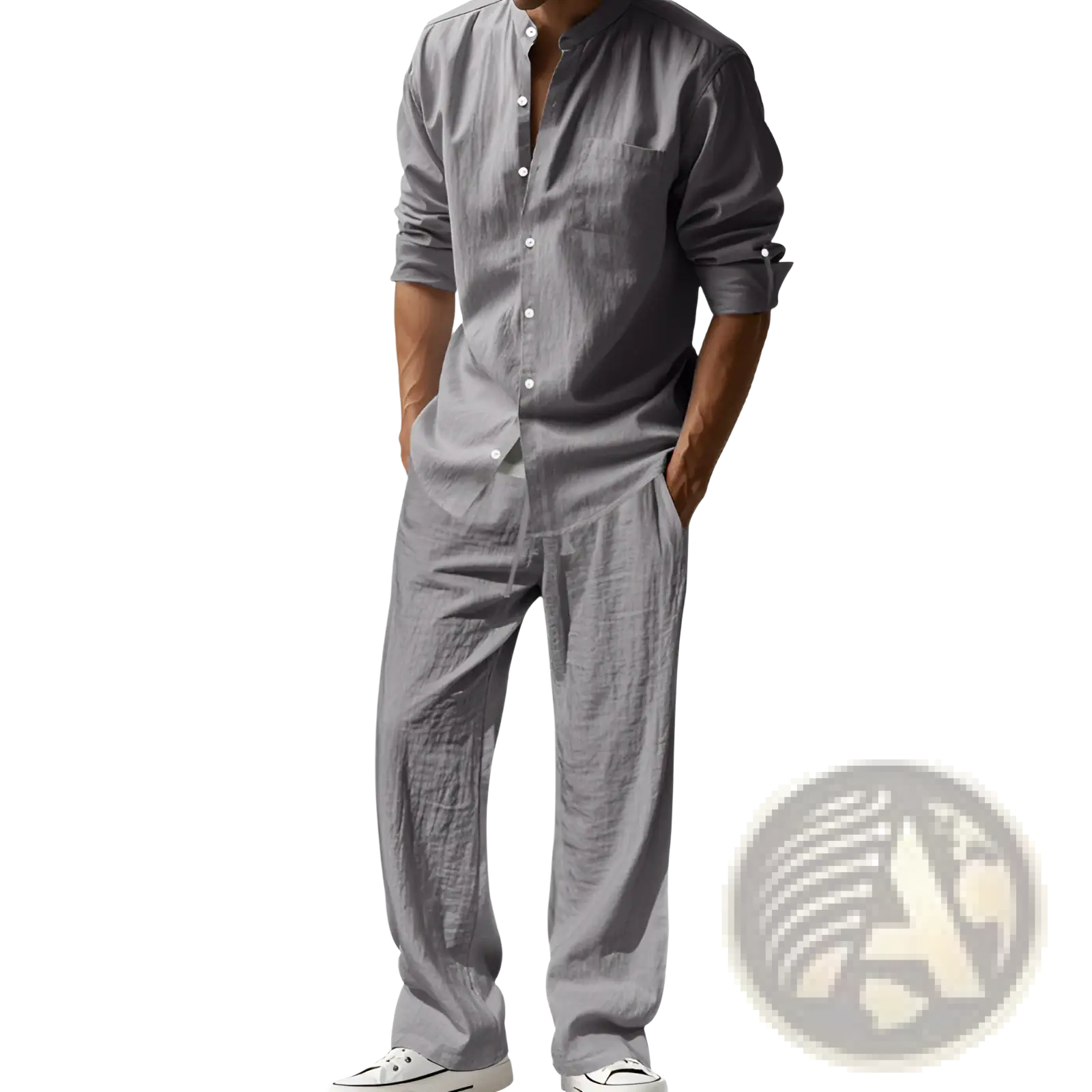 Men linen shirt and trousers set in gray featuring a button-down linen shirt and matching pants for casual wear
