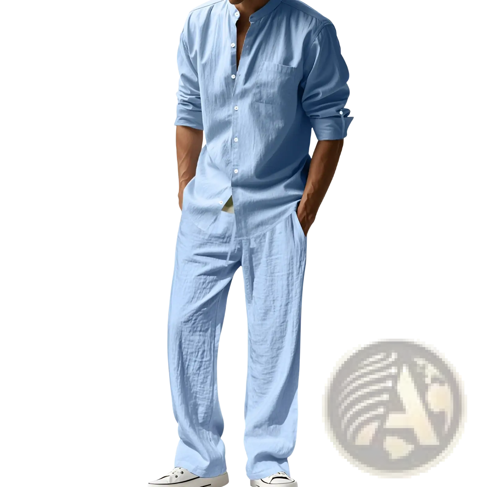Light blue linen men linen shirt and trousers set with button-front shirt and rolled-up sleeves