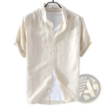 Cream-colored men linen short sleeve shirt with a classic collar white buttons breathable fabric design