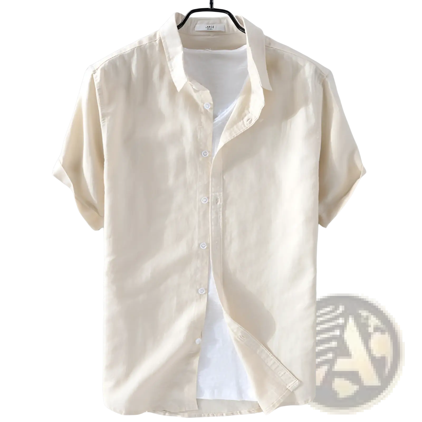 Cream-colored men linen short sleeve shirt with a classic collar white buttons breathable fabric design