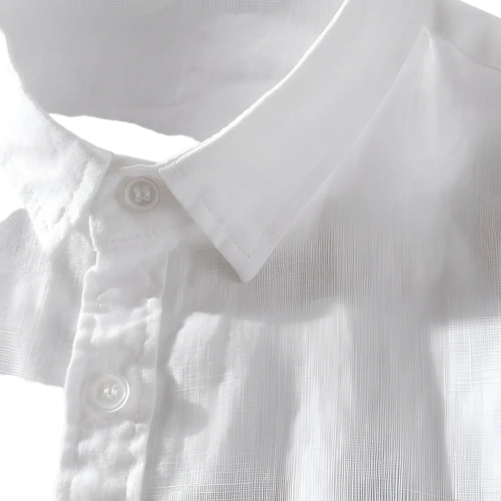 A crisp white men linen short sleeve shirt with a classic collar and subtle texture breathable for summer wear