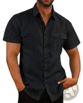 Men linen short sleeve shirt in black with button down front two chest pockets and subtle textured fabric for casual wear