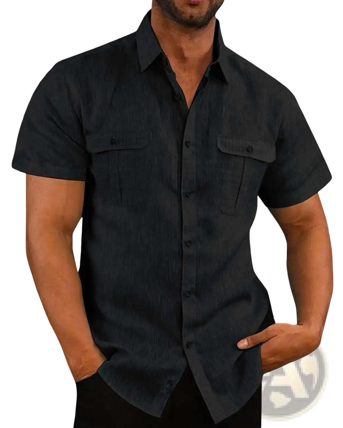 Men linen short sleeve shirt in black with button down front two chest pockets and subtle textured fabric for casual wear