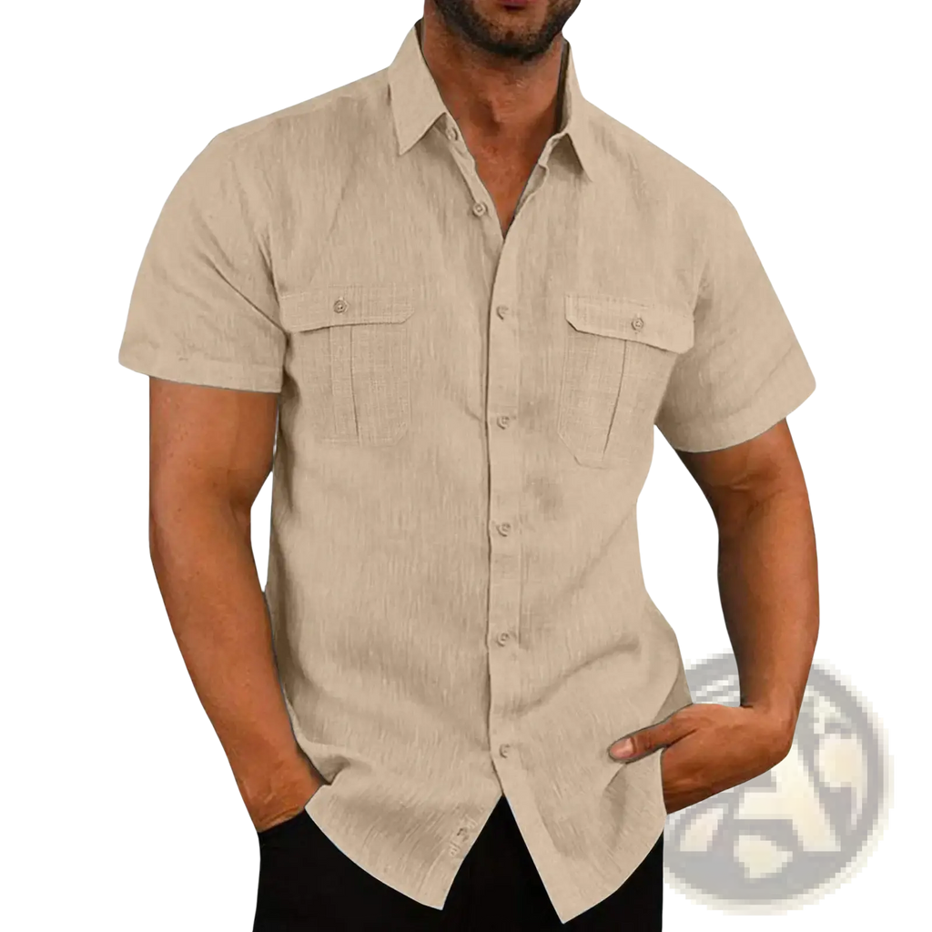Beige men linen short sleeve shirt with double chest pockets and subtle textured fabric for casual summer wear