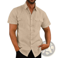 Beige men linen short sleeve shirt with double chest pockets and subtle textured fabric for casual summer wear