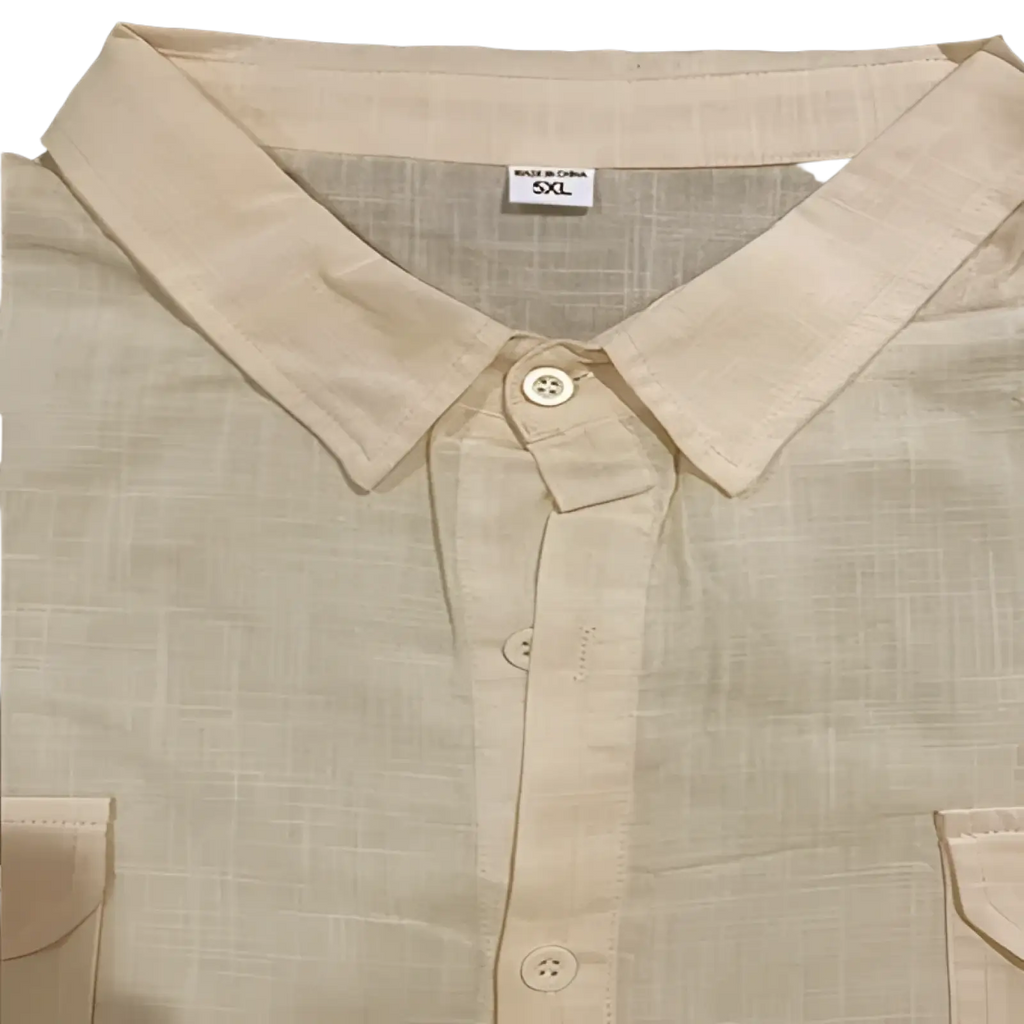Beige linen short sleeve shirt with classic collar and two chest pockets for casual summer wear