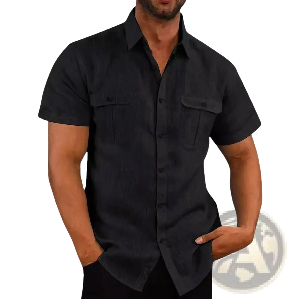 Black linen short sleeve men shirt with double chest pockets casual summer button-up design