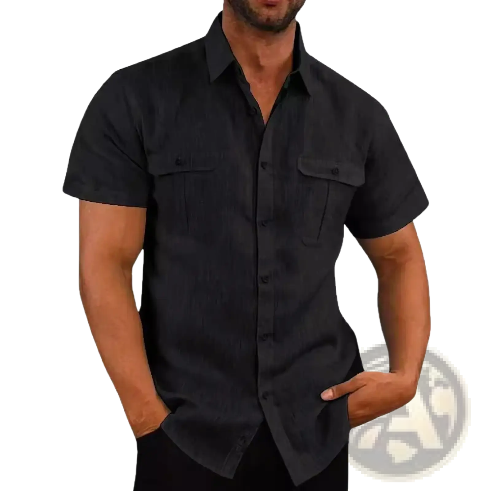 Black linen short sleeve men shirt with double chest pockets casual summer button-up design