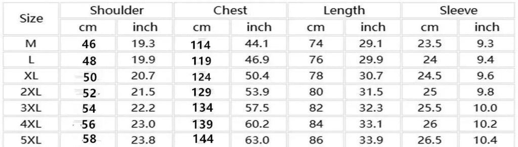 Men linen short sleeve shirt double pocket casual summer size chart showing measurements in centimeters and inches from m to 5xl