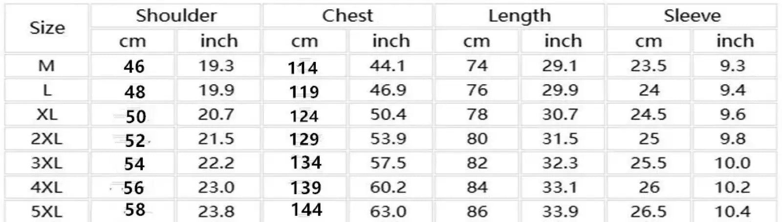 Men linen short sleeve shirt double pocket casual summer size chart showing measurements in centimeters and inches from m to 5xl