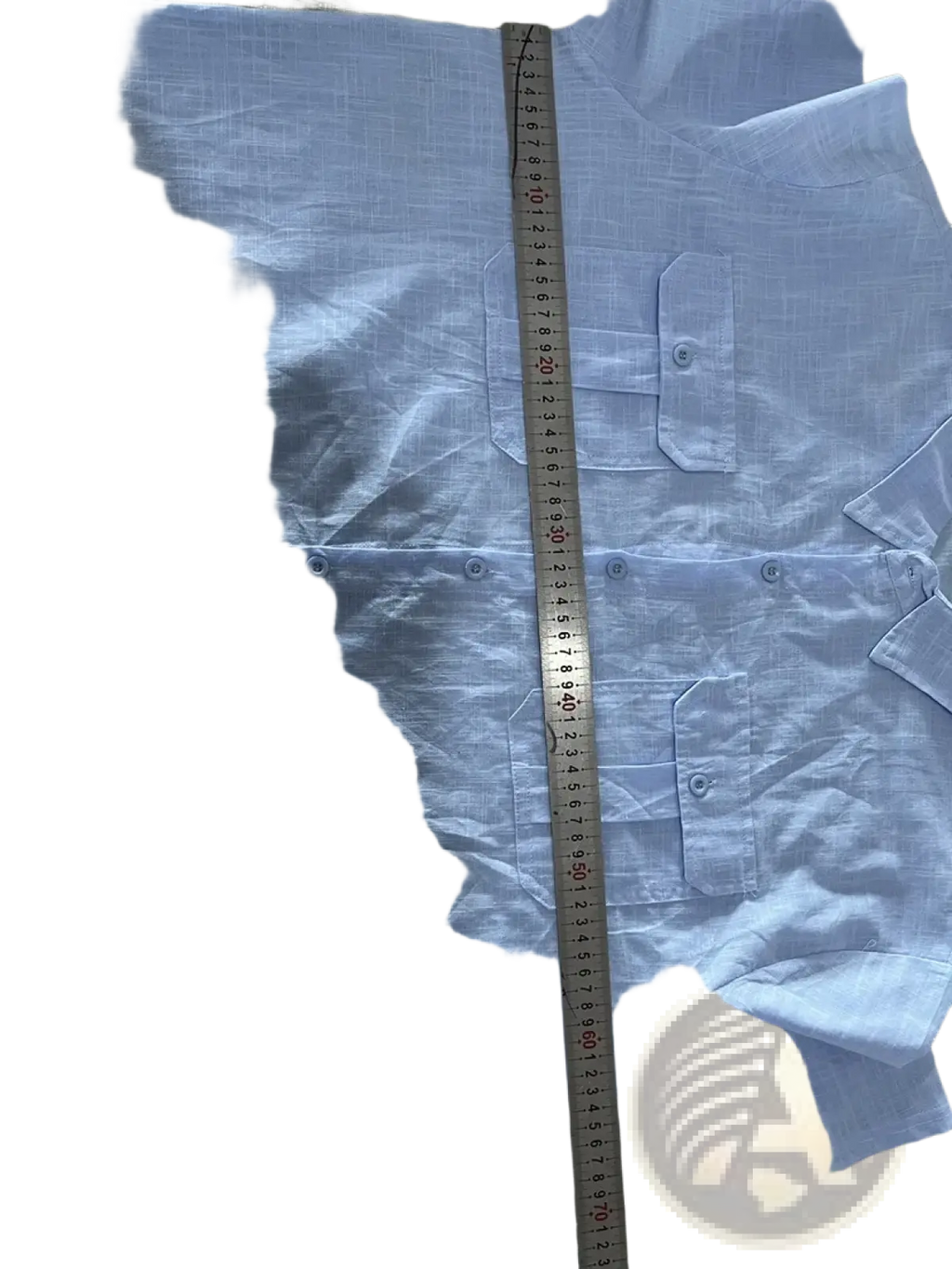 Men linen short sleeve shirt in light blue with a subtle grid pattern and double chest pockets for casual summer wear