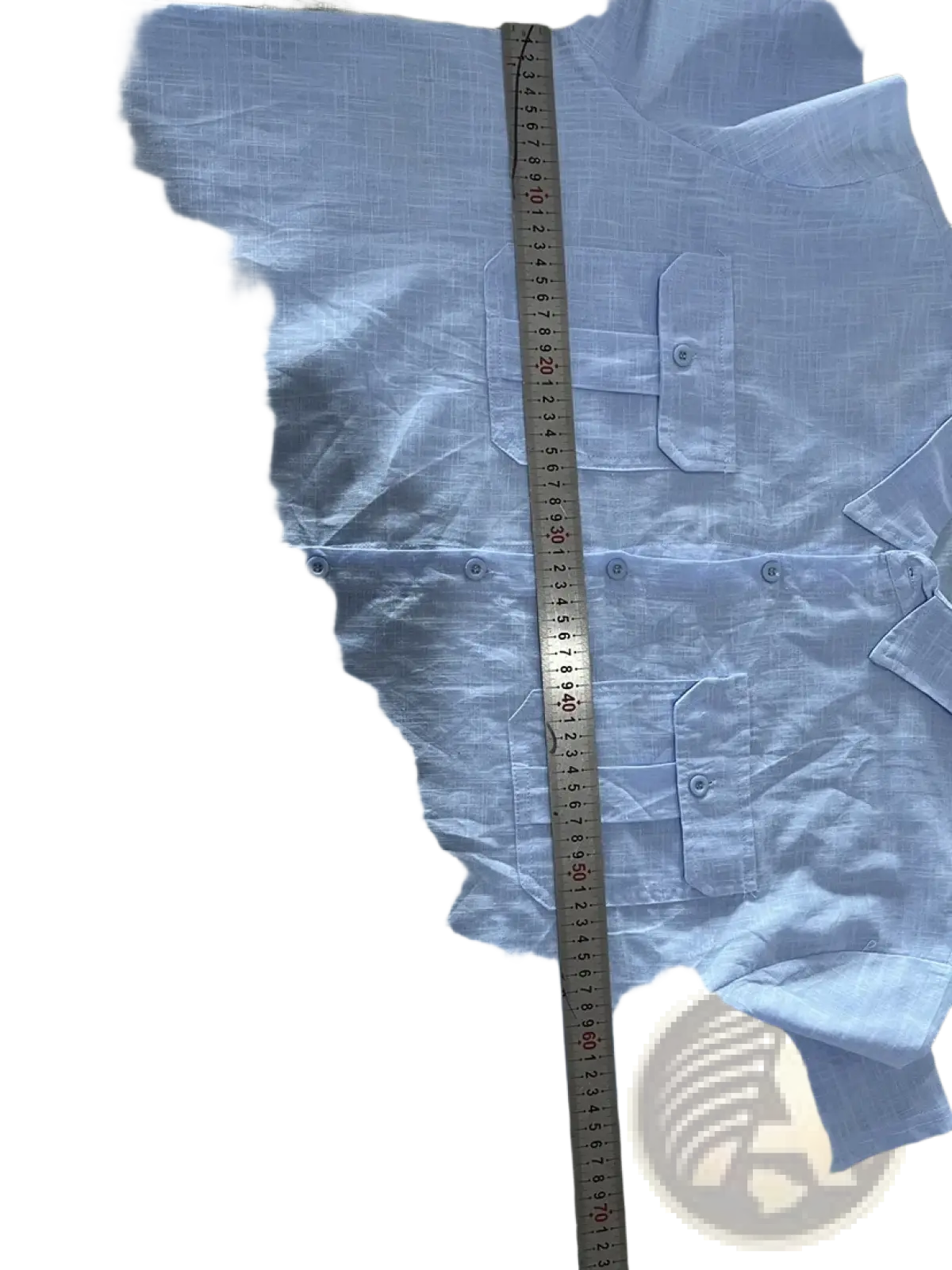 Men linen short sleeve shirt in light blue with a subtle grid pattern and double chest pockets for casual summer wear