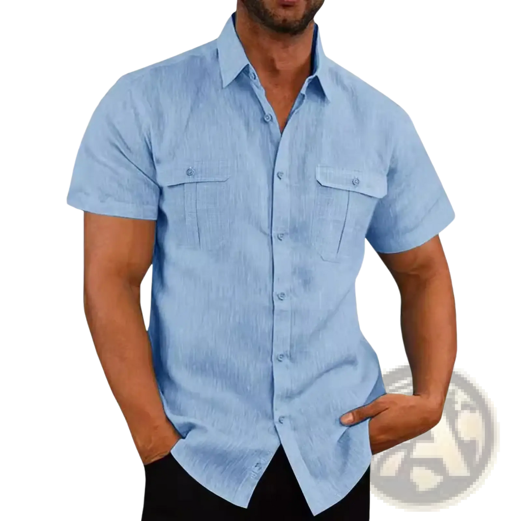 Men linen short sleeve shirt in light blue with two chest pockets and subtle textured weave for casual summer wear