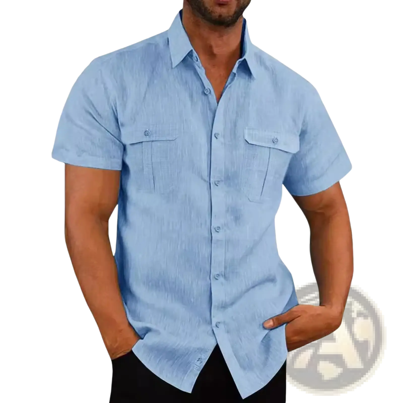 Men linen short sleeve shirt in light blue with two chest pockets and subtle textured weave for casual summer wear