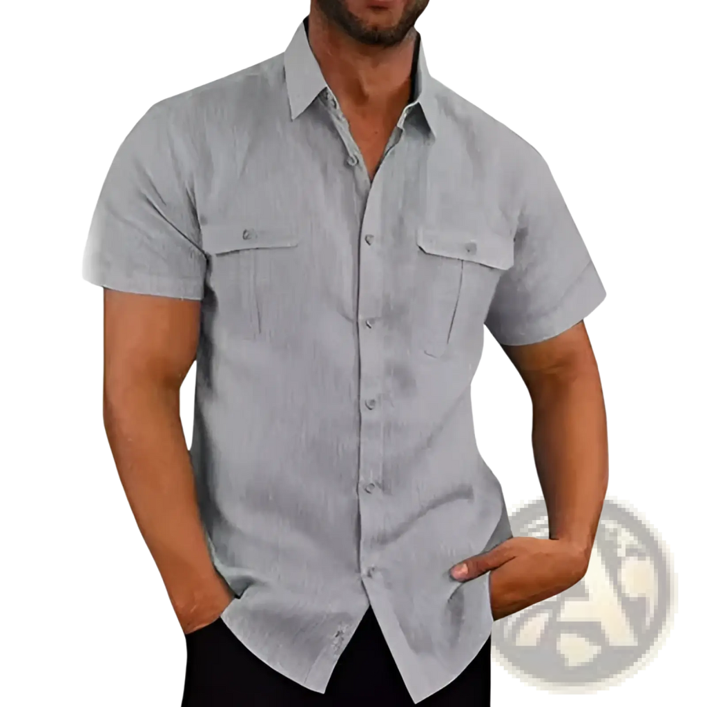 Men linen short sleeve shirt in light gray with double chest pockets and subtle textured fabric for casual summer wear